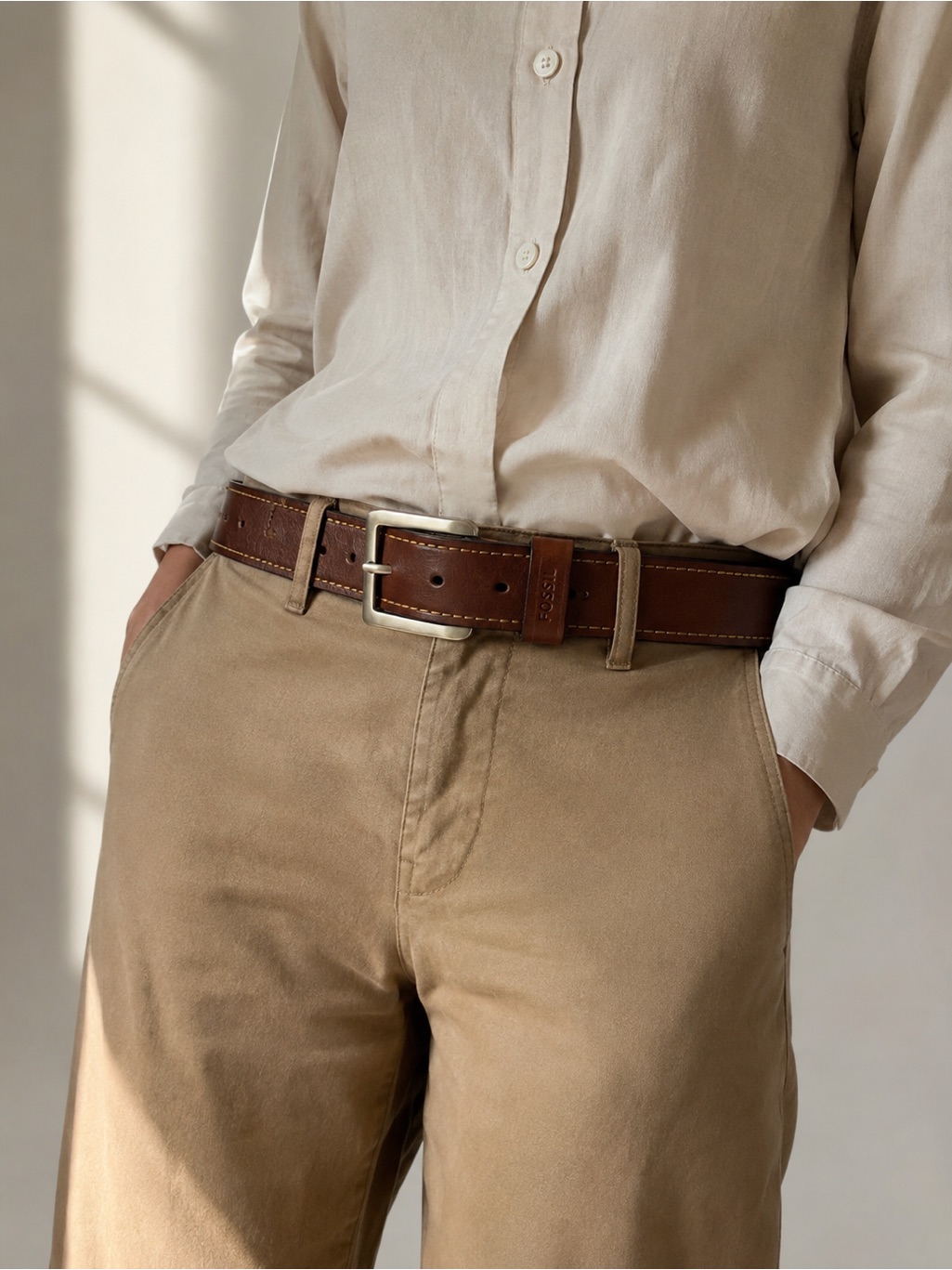 Fossil Deep Brown Genuine Leather Belt With Silver Accents